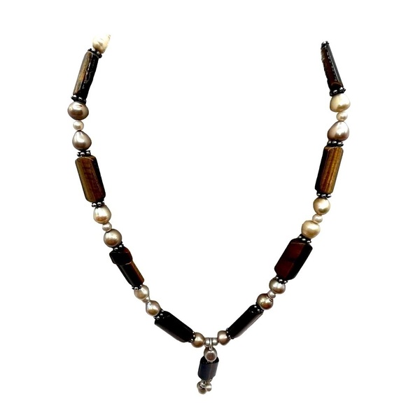 Tiger's Eye & Genuine Pearl Necklace With Silver Accents    A39 - Picture 4 of 9